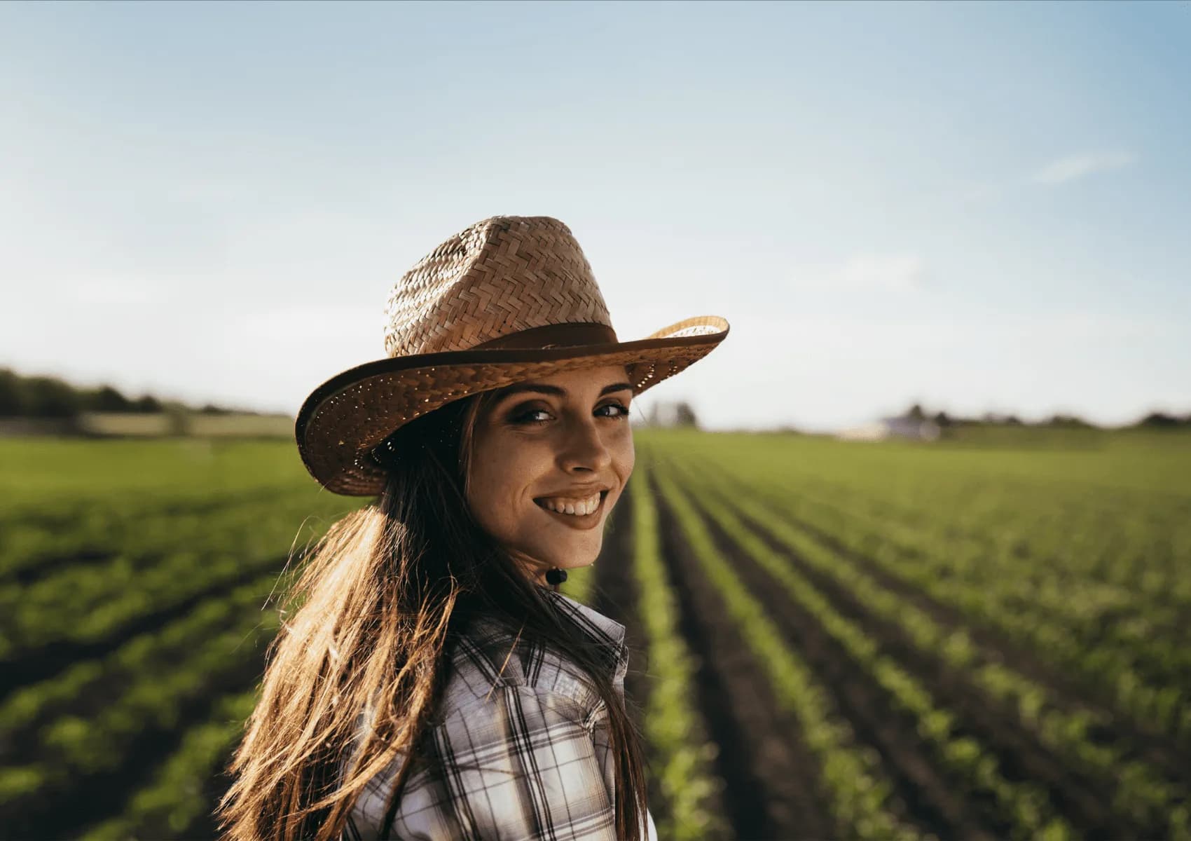 A visitor standing beside rows of crops.