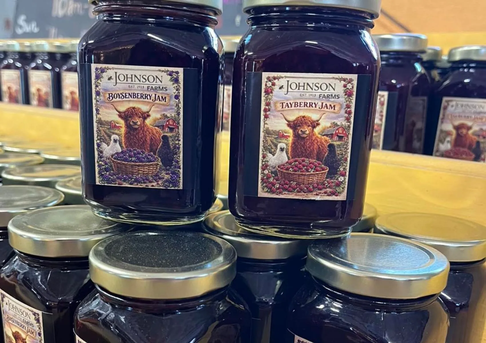 Jars of Johnson Farms boysenberry and tayberry jam.