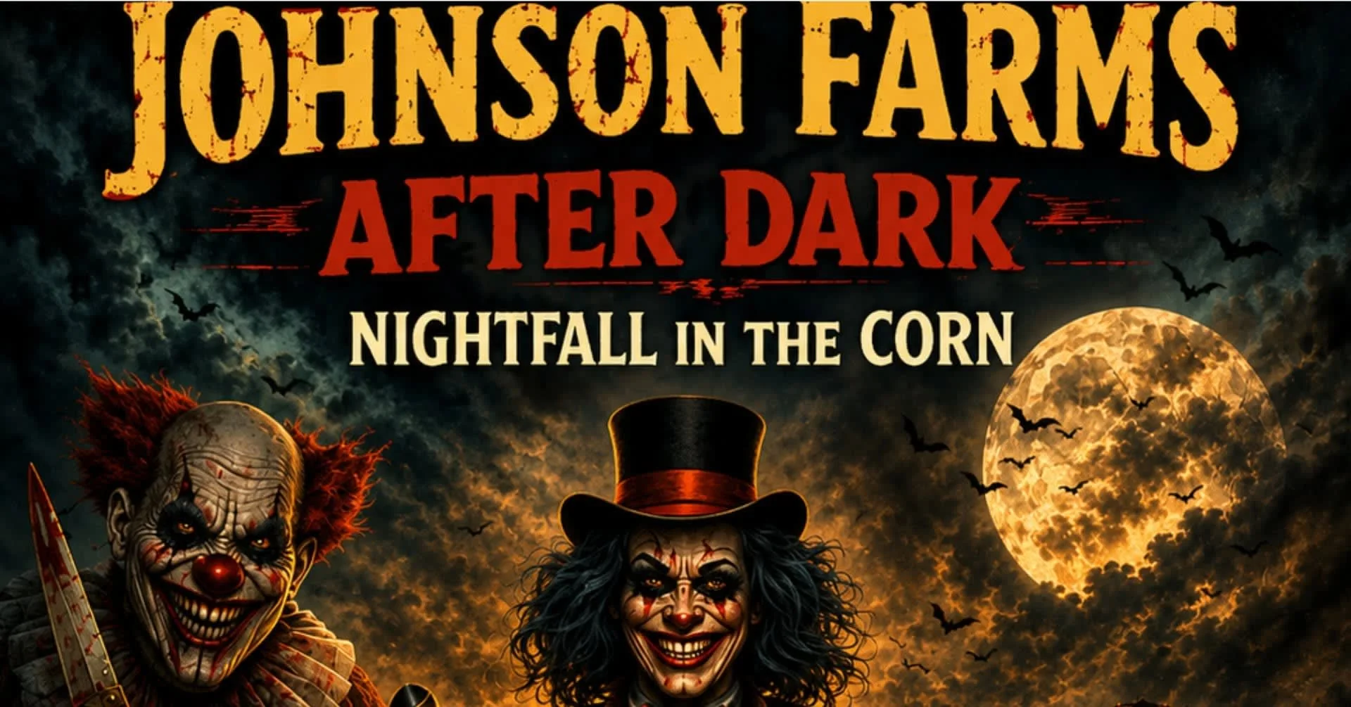 Johnson Farms After Dark: Nightfall in the Corn poster with illustrated clowns and a full moon.